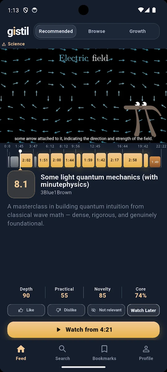 The Gistil app feed on a phone — a video with its score, value map and a Watch from 4:21 button