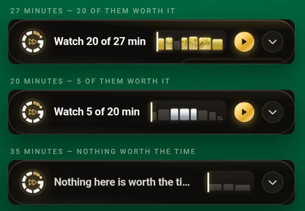 Three folded Gistil panels: Watch 20 of 27 min with a gold map, Watch 5 of 20 min with a silver map, and Nothing here is worth the time with a flat grey map.