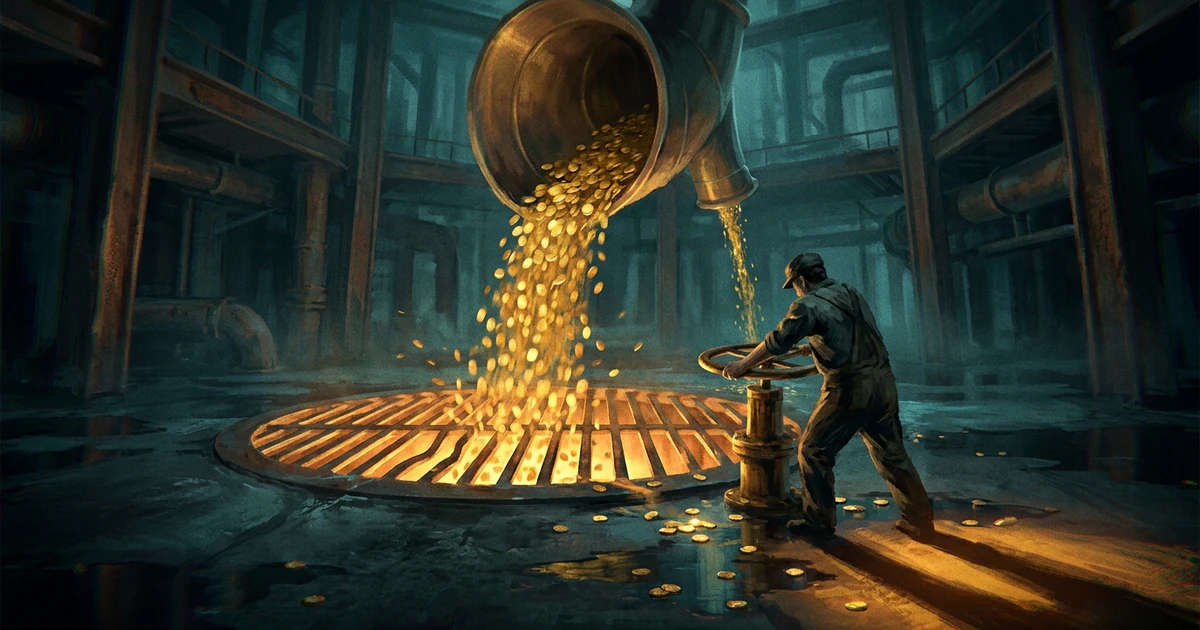 A worker turning a large valve wheel to shut off a stream of gold coins falling into a floor drain.