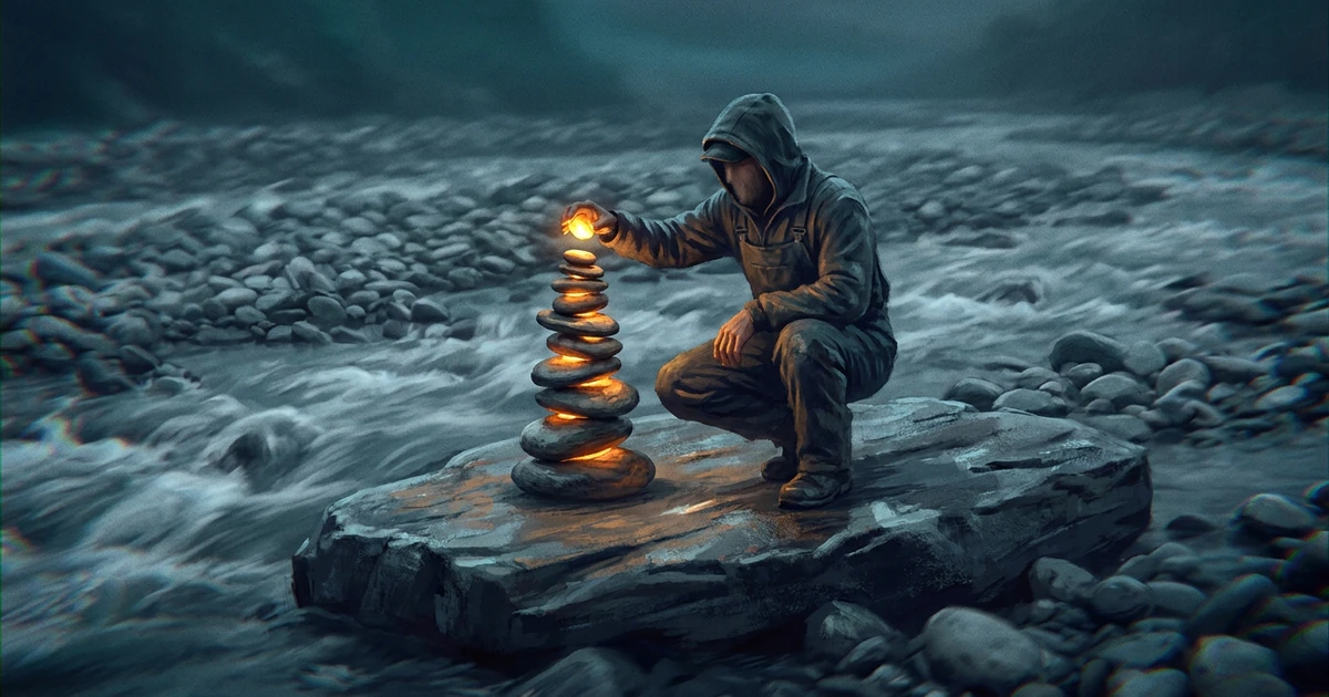 A person crouched on a flat rock in a rushing river, building a small glowing cairn out of grey pebbles.
