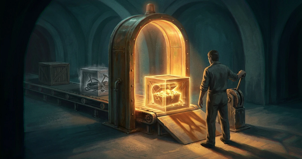 A lit archway on a conveyor belt showing the treasure chest sealed inside a wooden crate.